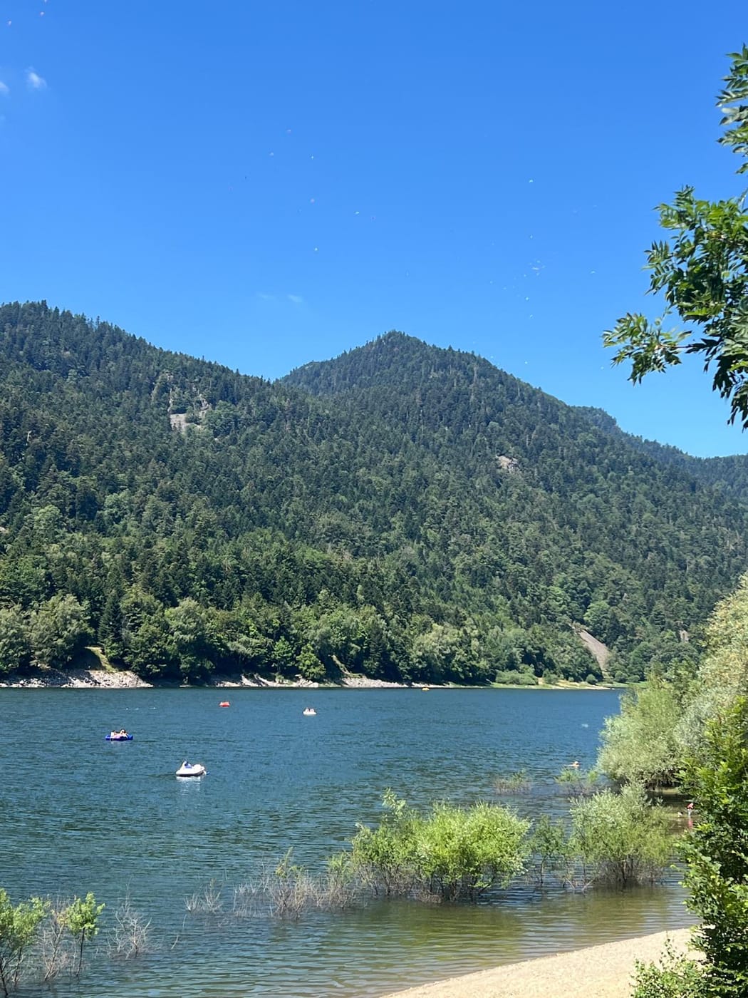 Vue sur le lac de Kruth-Wildenstein et les pédalos au ponton